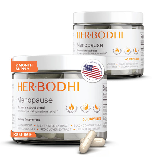 Her Bodhi Meno bottle front view showing vegan packaging and branding for menopause support