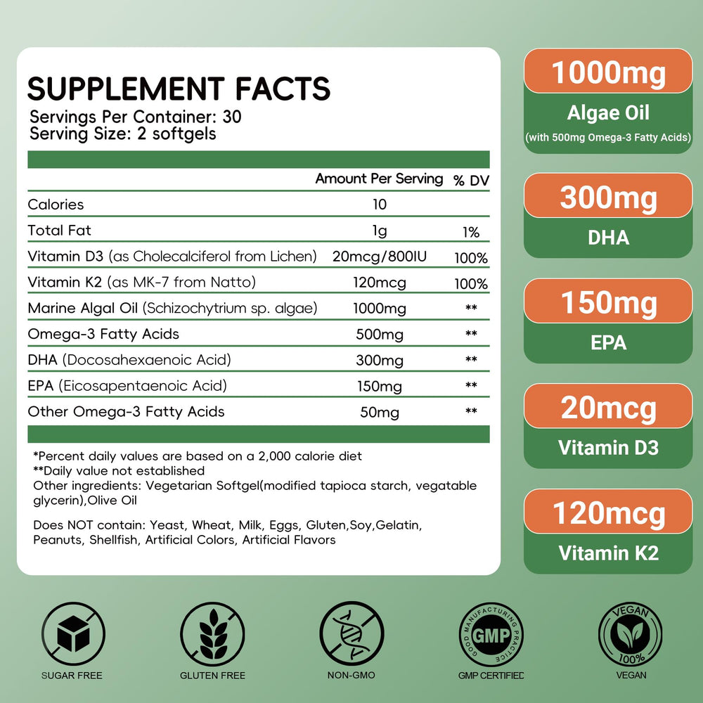 Herbovella Algae Omega-3 label closeup highlights vegan DHA/EPA and D3/K2