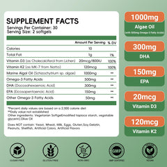 Herbovella Algae Omega-3 label closeup highlights vegan DHA/EPA and D3/K2