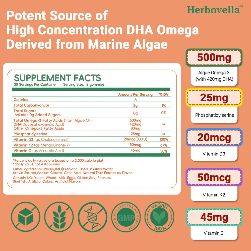 Herbovella kids omega-3 algae-DHA bottle close-up for brain support