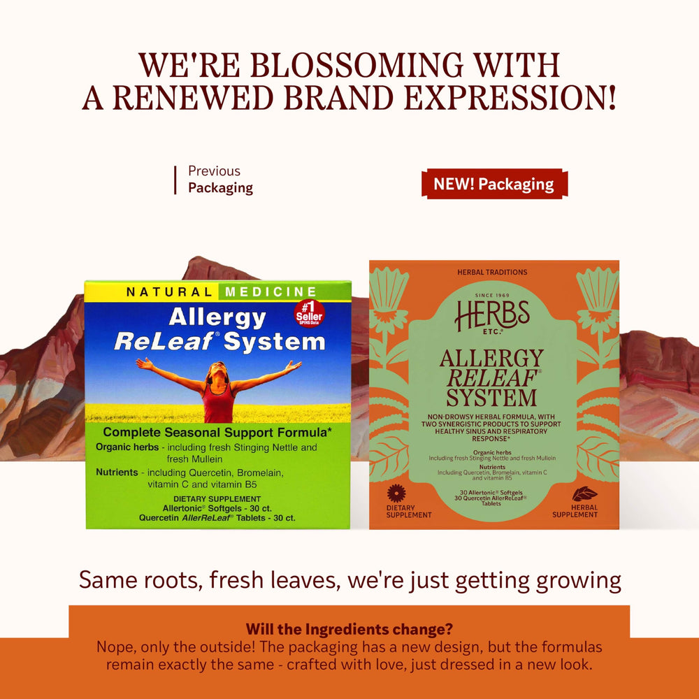 Herbs Etc. Allergy ReLeaf System label highlighting natural ingredients for allergy support.