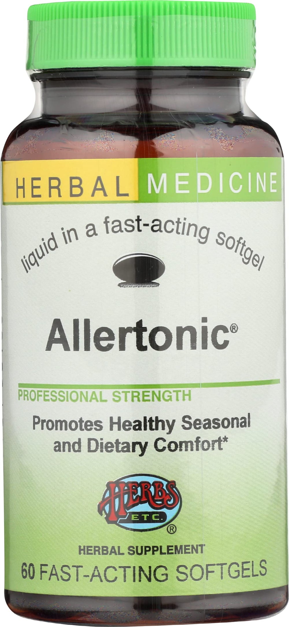 Herbs Etc. Allertonic bottle label highlighting natural ingredients for seasonal breathing support