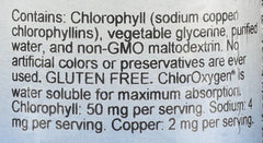 ChlorOxygen label close-up highlighting vegan, gluten-free, and alcohol-free features.