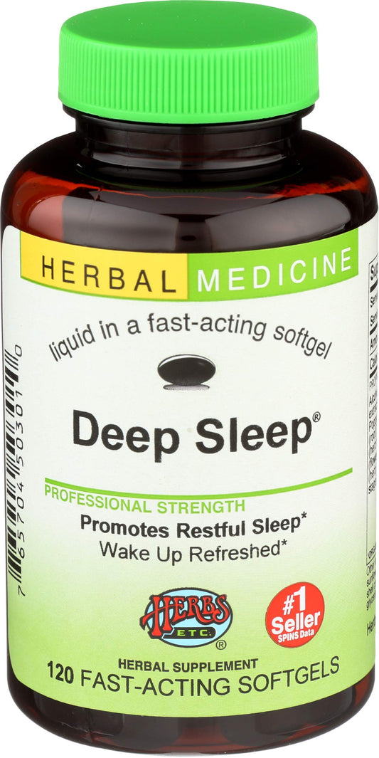 Herbs Etc. Deep Sleep Softgels bottle on nightstand promotes calm before bed.