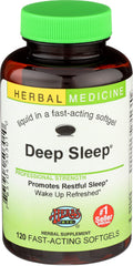 Herbs Etc. Deep Sleep Softgels bottle on nightstand promotes calm before bed.