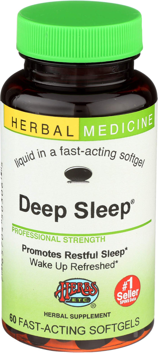 Herbs Etc. Deep Sleep Softgels bottle for nightly calm and rest.