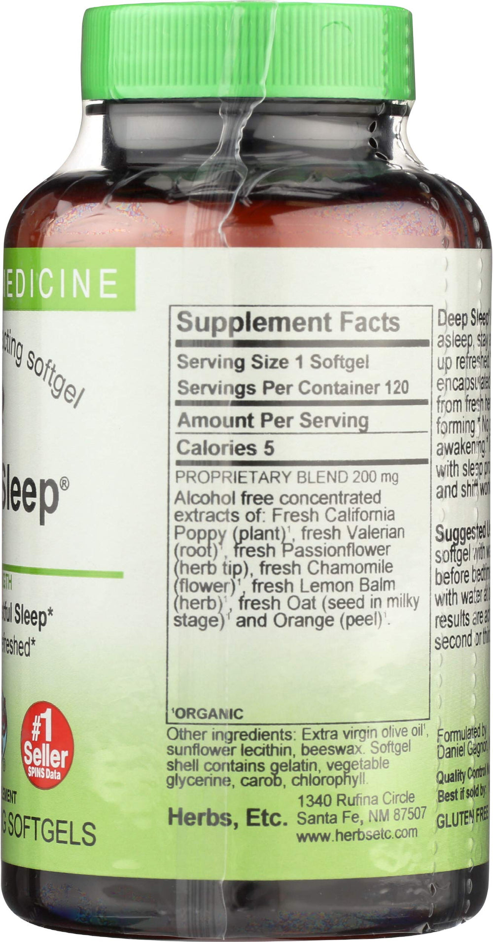 Herbs Etc. Deep Sleep Softgels ingredients chamomile passionflower lemon-balm evoke soothing aromatics.