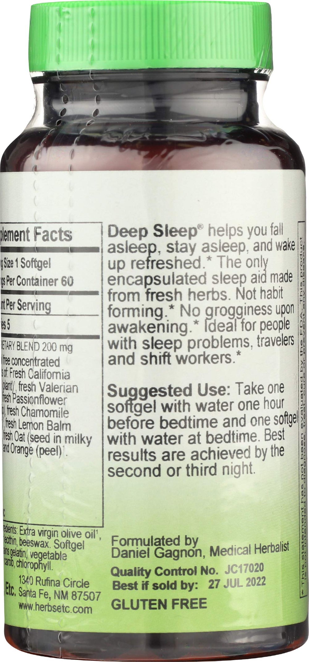 Herbs Etc. Deep Sleep Softgels label closeup showing organic herb blend for restful nights.