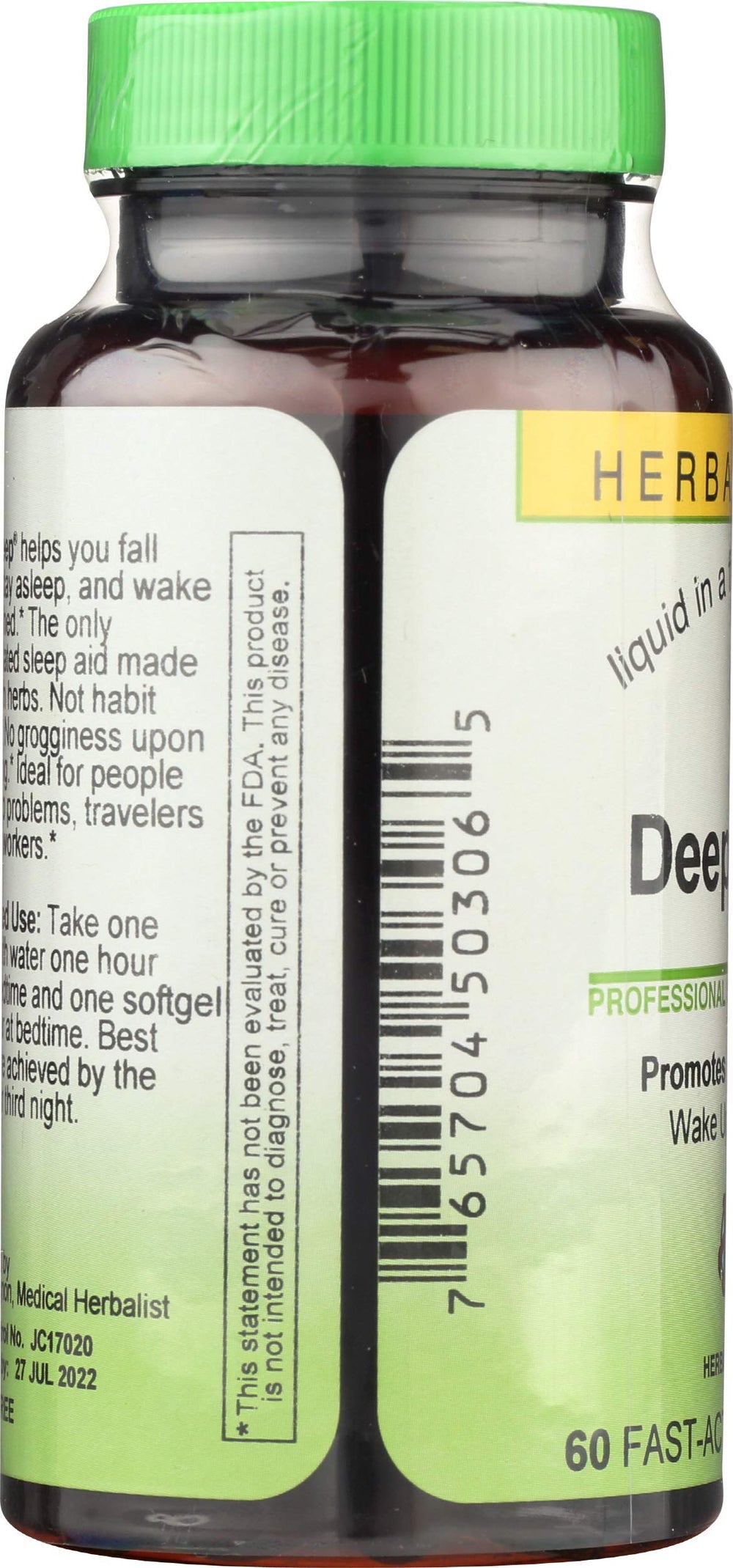 Herbs Etc. Deep Sleep Softgels single capsule illustrates easy nightly dosage.