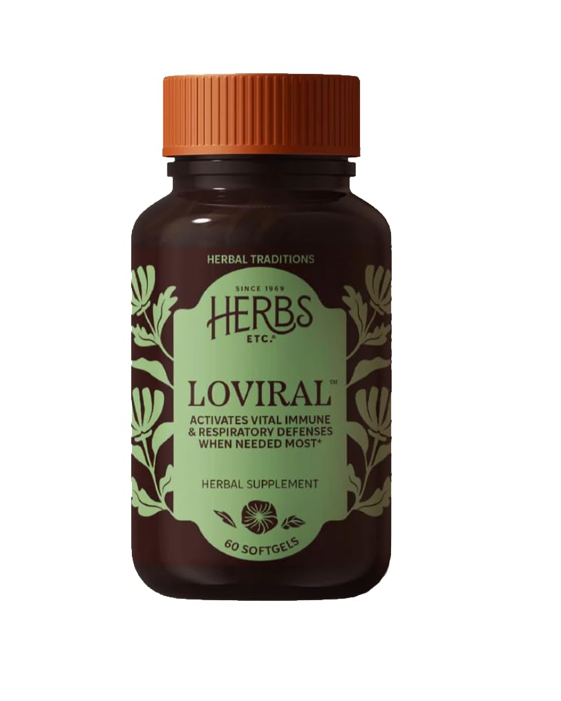 Herbs, Etc. Loviral softgel bottle for daily lung support.