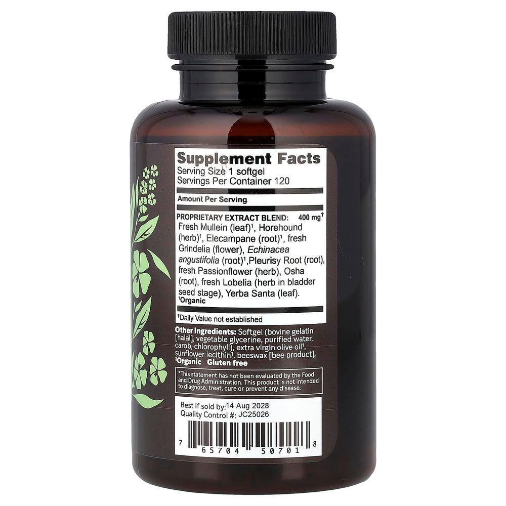 Herbs Etc. Lung Tonic softgel close-up highlighting the organic herb blend for respiratory support.