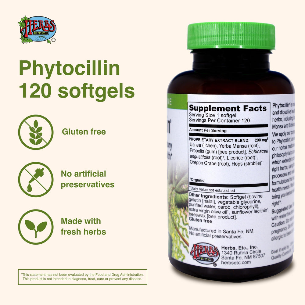 Herbs Etc. Phytocillin bottle with glass of water for easy intake
