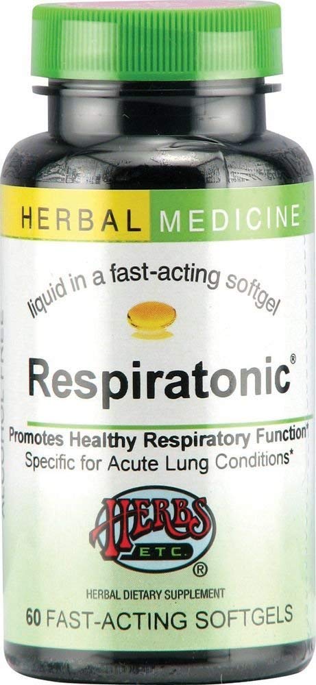 Herbs Etc. Respiratonic bottle front shows 60 softgels for daily respiratory support.
