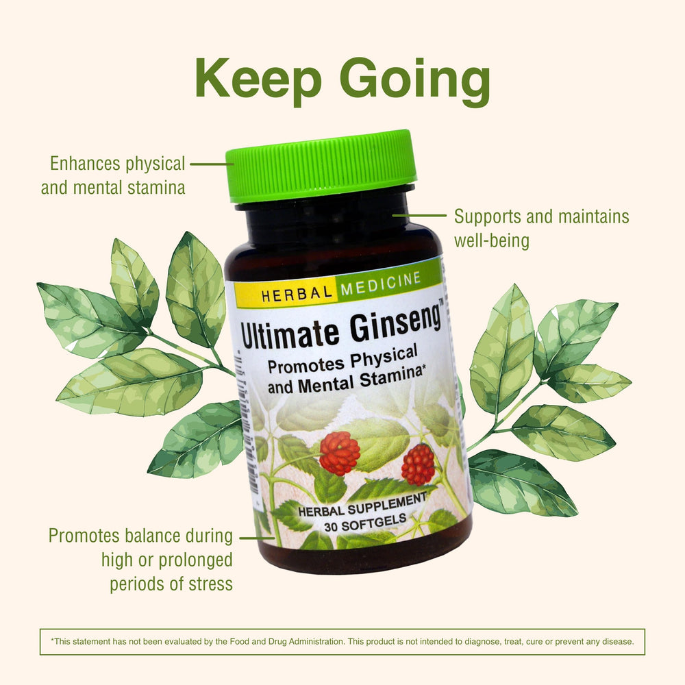 Herbs Etc. Ultimate Ginseng softgels bottle showing the two-capsule daily dosage.