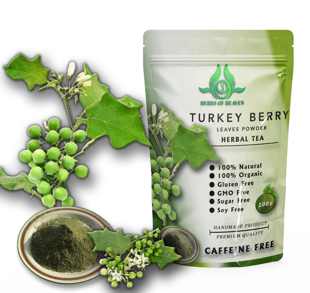 Dispensing jar of Herbs of Heaven Turkey Berry Leaves Powder easy to measure