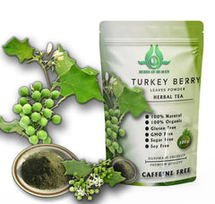 Dispensing jar of Herbs of Heaven Turkey Berry Leaves Powder easy to measure