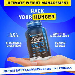 Herbtonics Apple Cider Vinegar + Keto BHB capsules closeup highlights easy-to-swallow capsules.