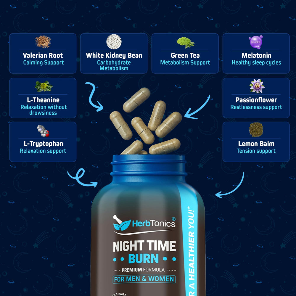 Herbtonics calming herbal blend with valerian and lemon balm shown closely.