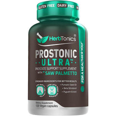 Herbtonics Prostonic Ultra bottle front showing packaging for urinary comfort and hair support