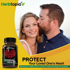 Herbtopia Eternal Health product shot highlighting hawthorn and black garlic ingredients.