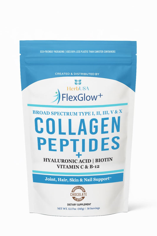 HerbUSA FlexGlow+ bottle pour signaling easy daily collagen support