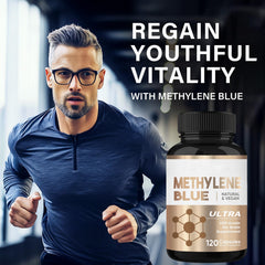 HerbX Methylene Blue capsules close-up highlighting small, easy-to-swallow pills.