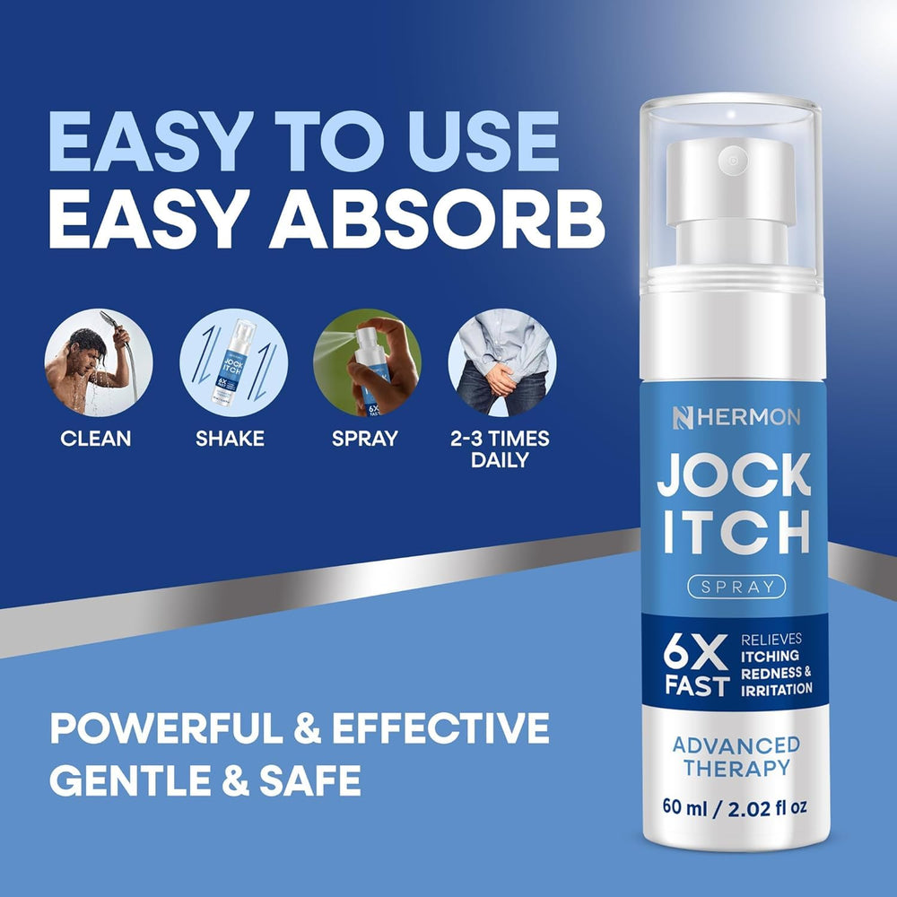 Hermon Jock Itch Spray pack-two bottles displayed.