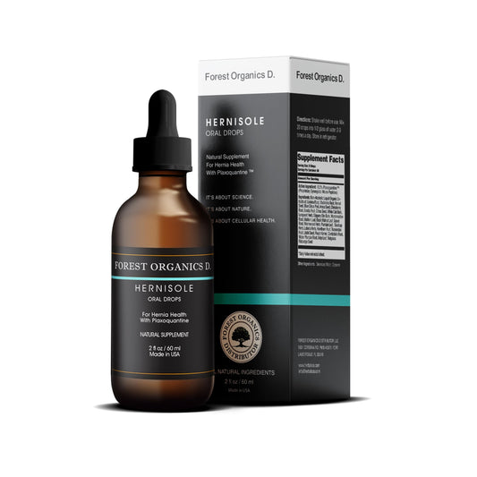 Hernisole bottle shows the 24 plant blend for abdominal comfort.