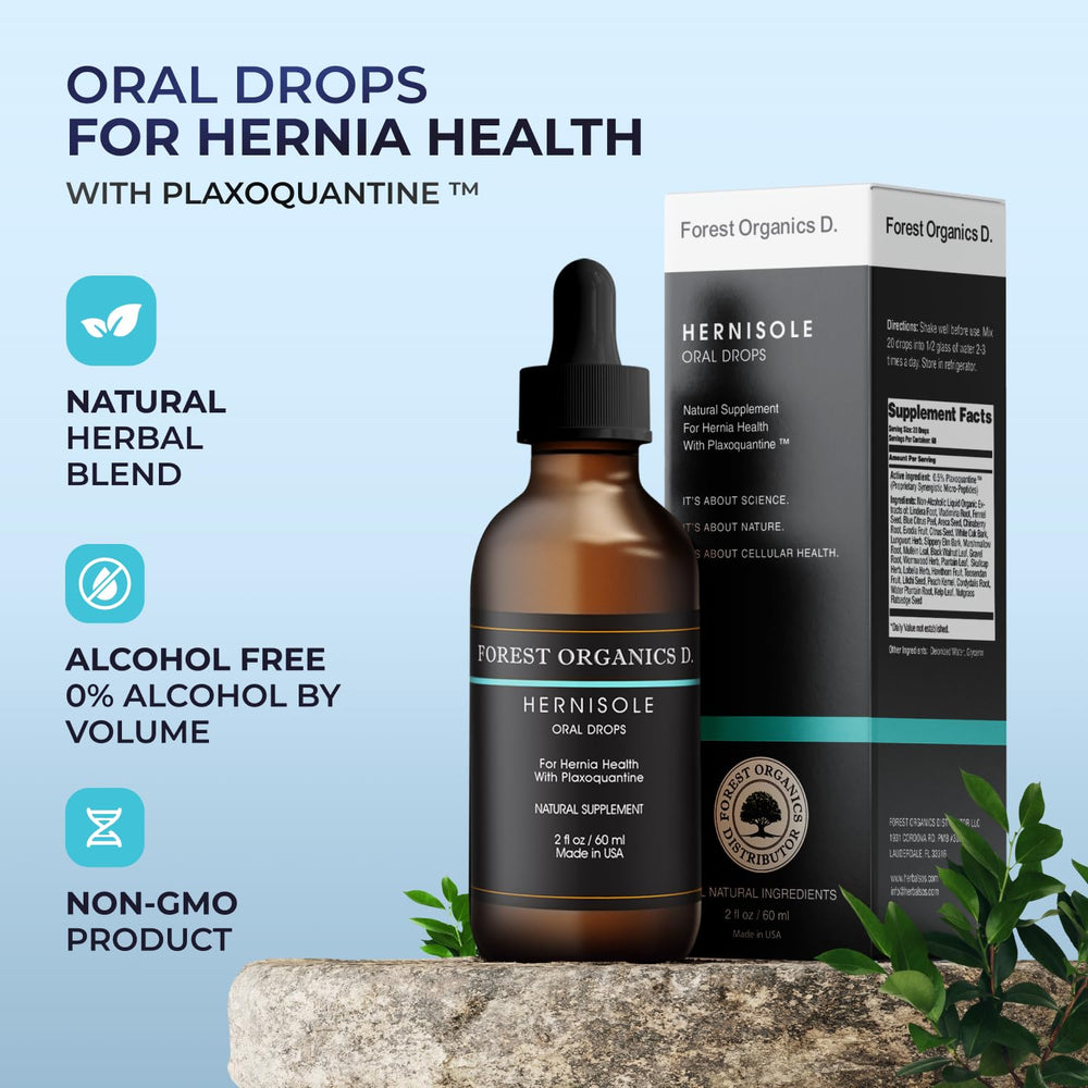 Hernisole bottle on wooden table conveys natural USA made wellness.
