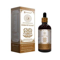 Heshoutang ESSENTIA Elixir bottle on display with a 24-herb blend for daily vitality.