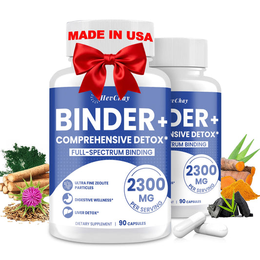 HevChay Detox Binder 2300mg bottle shows a 17-in-1 detox blend for daily toxin support.