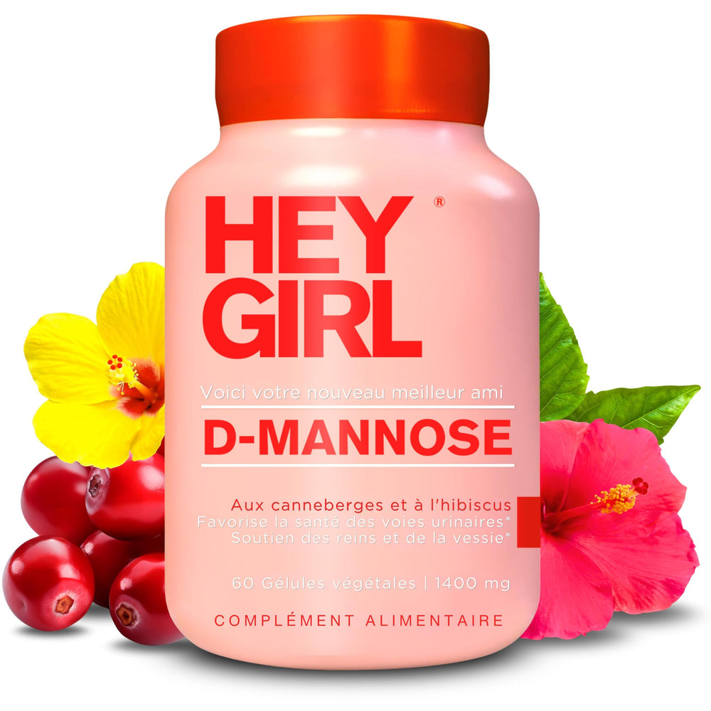 Hey Girl Nutrition D-Mannose capsules outlined with natural cranberry blend.