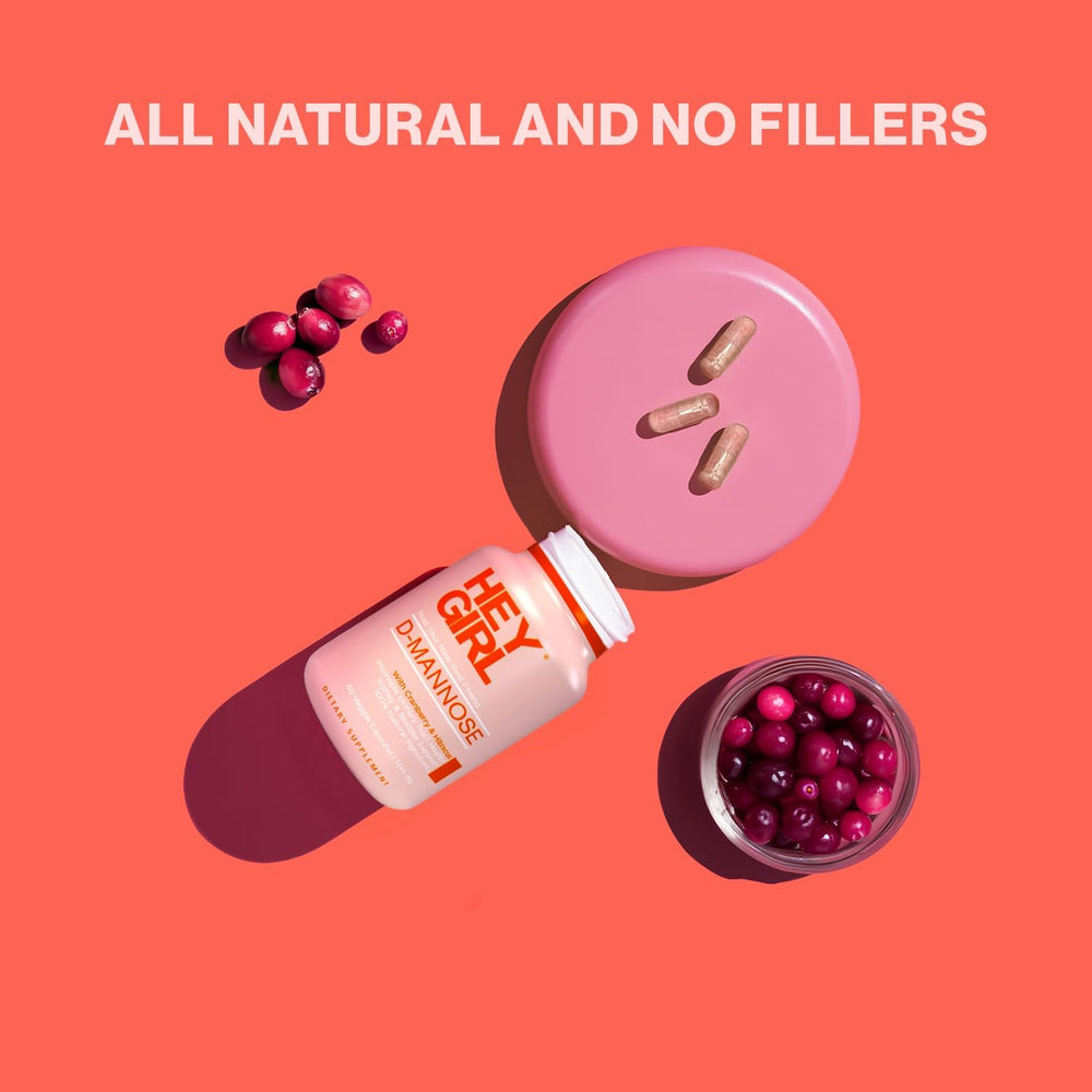 Hey Girl Nutrition D-Mannose capsules usage guide on packaging.