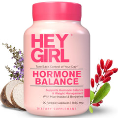 Hey Girl Nutrition hormone balance bottle front, 13-in-1 cycle support blend highlighted.