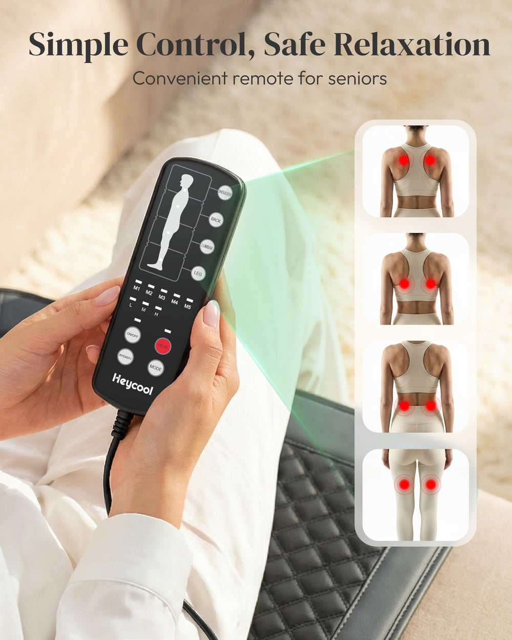 Heycool foldable massage pad stores easily on bed or sofa between uses.