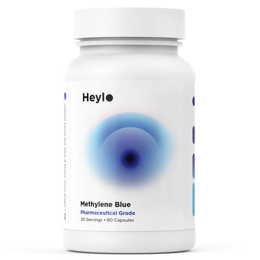 Heylo Health Methylene Blue bottle signals cognitive energy support.