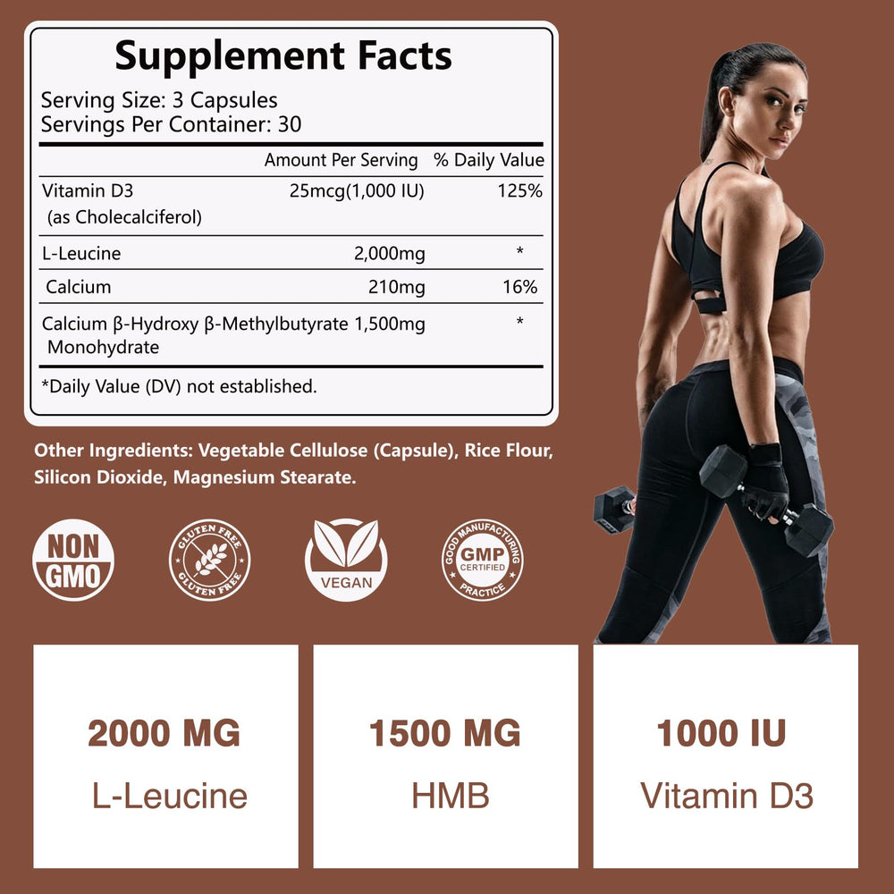 HFELIZ HMB bottle back label highlights 2000 mg Leucine and 1500 mg HMB per serving