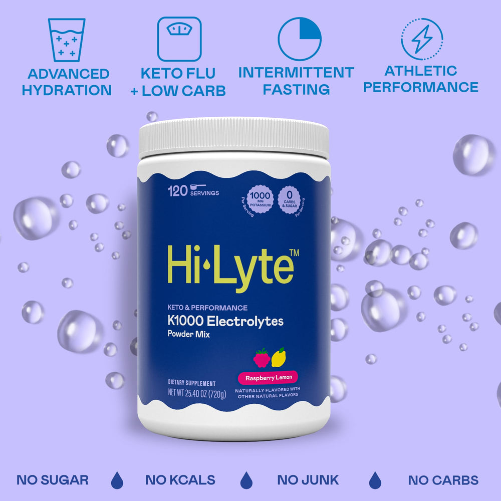 Hi-Lyte K1000 Raspberry Lemon dissolving in water for quick hydration.
