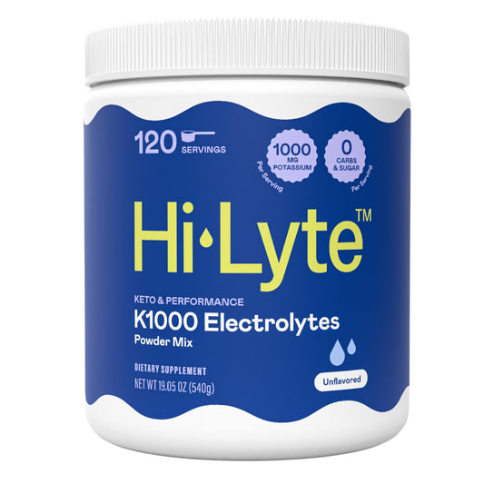 Hi-Lyte Keto K1000 unflavored electrolyte powder front label for keto hydration.