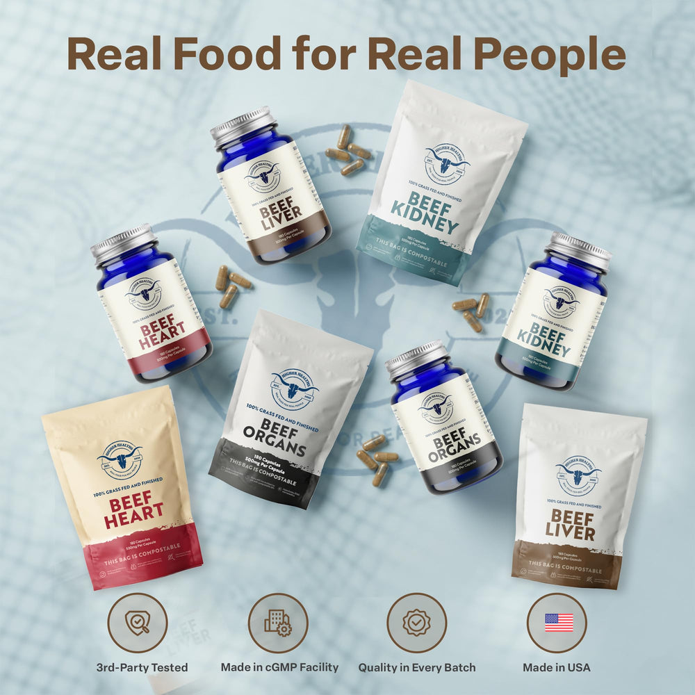Higher Healths beef liver capsules with measuring scoop illustrating serving size.