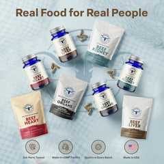 Higher Healths beef liver capsules with measuring scoop illustrating serving size.