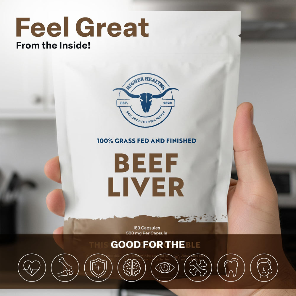 Higher Healths beef liver capsules bottle with no fillers and no artificial additives.