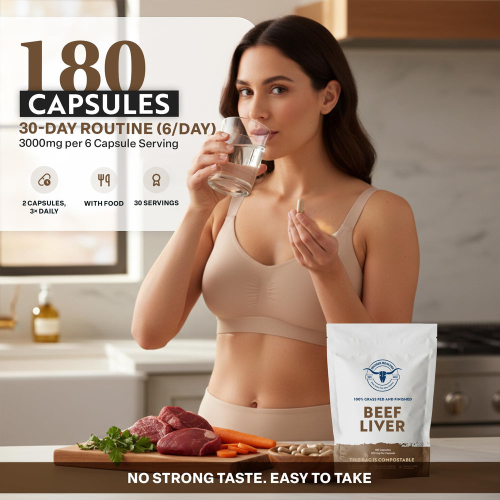 Higher Healths beef liver capsules poured into hand for convenient daily supplementation.