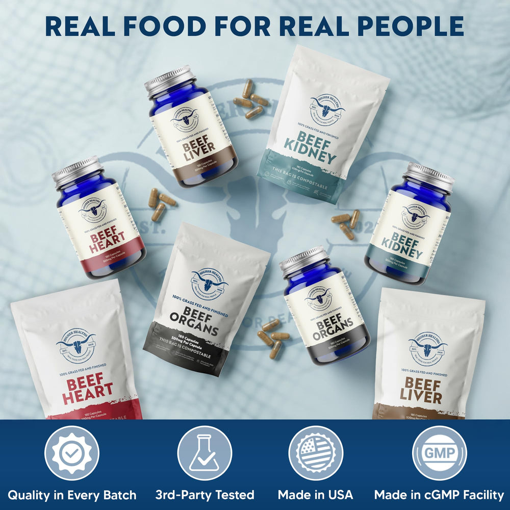 Higher Healths beef organs bottle on shelf emphasizing clean ingredients