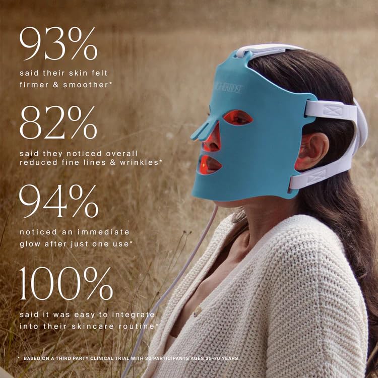 HigherDOSE red-light therapy mask in use for daily skin refresh.