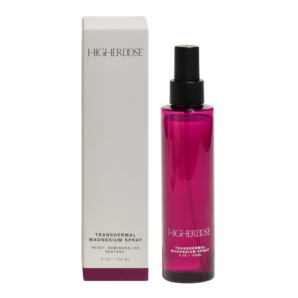 HigherDOSE transdermal magnesium spray bottle on a clean shelf for easy daily use and calm support.