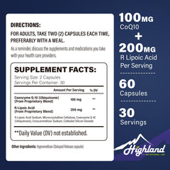 Highland Nutritional Lab CoQ10 serving suggestion featuring two capsules with a meal