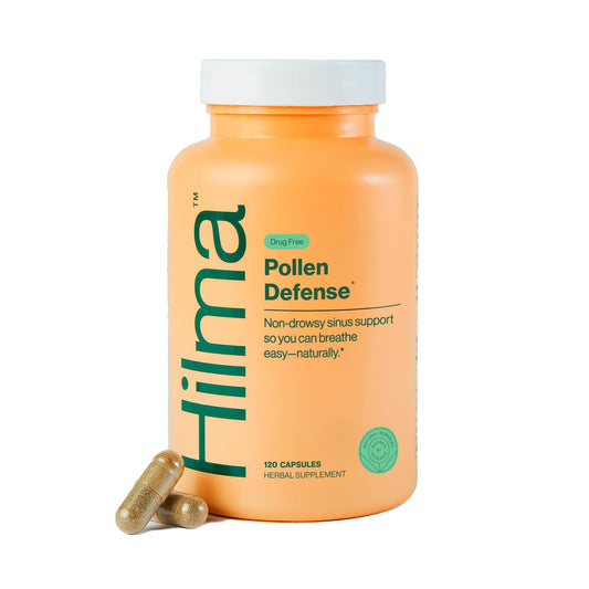 Hilma Natural Sinus Support bottle shown for daily non-drowsy allergy relief.