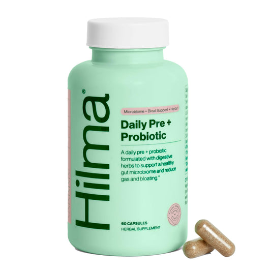 Hilma Pre and Probiotic bottle front with clean label for gut support