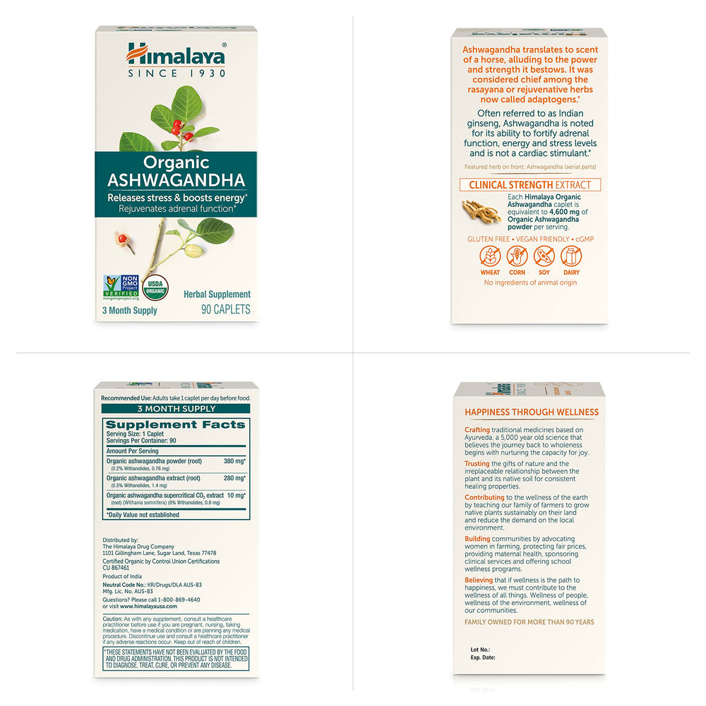 Himalaya Ashwagandha root imagery and packaging for ayurvedic use.